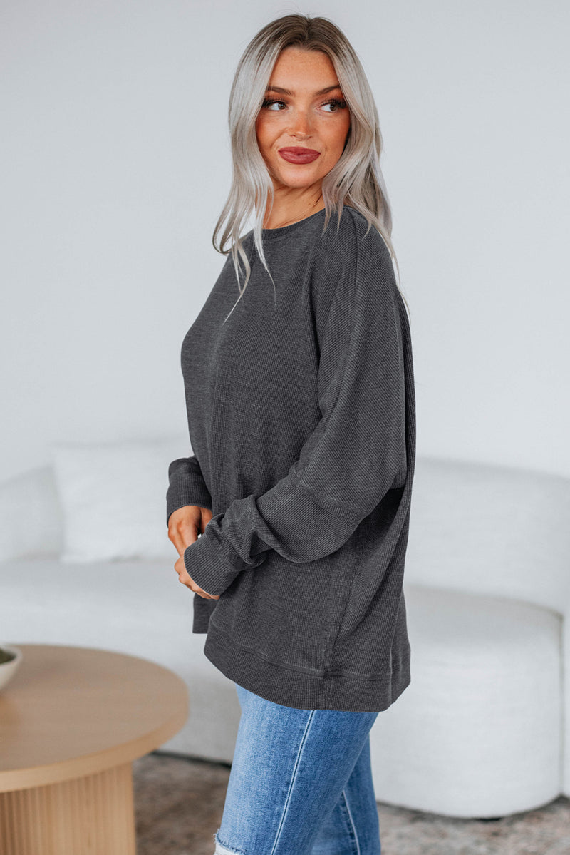 Mist Green Ribbed Plain Long Sleeve Loose Top
