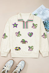 Light Grey Mardi Gras Elements Sequin Patched Striped Patchwork Zip Neck Pullover Sweatshirt