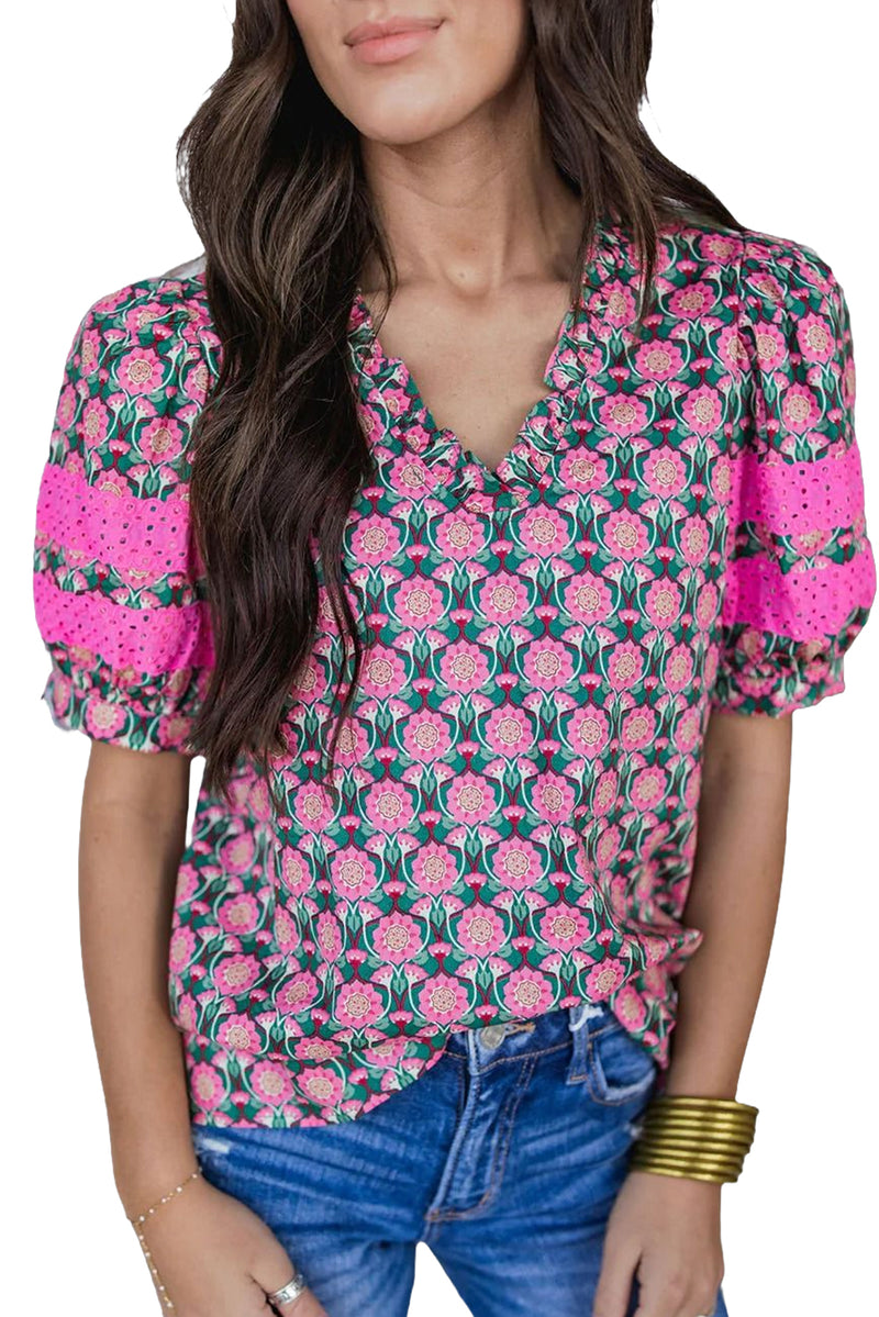 Sachet Pink Frill V-Neck Abstract Floral Print Puff Sleeve Top