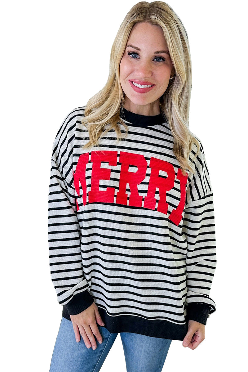 Black Stripe MERRY Letter Print Christmas Sweatshirt