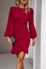 Black Solid Color Puff Sleeve Ruffle Mini Dress