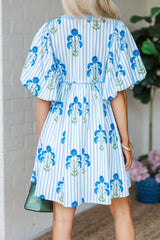 Sky Blue Floral Striped Print Tie Notched Neck Puff Sleeve Flared Mini Dress
