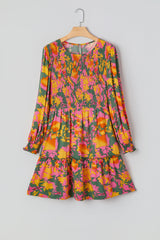 Multicolour Floral Print Long Sleeve Smocked Ruffled Mini Dress