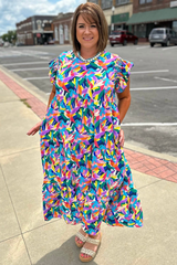 Blue Abstract Print Ruffle Sleeve Plus Size Tiered Maxi Dress