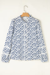 Khaki Printed Floral Print Lace Detail Puff Sleeve Fall Shirt