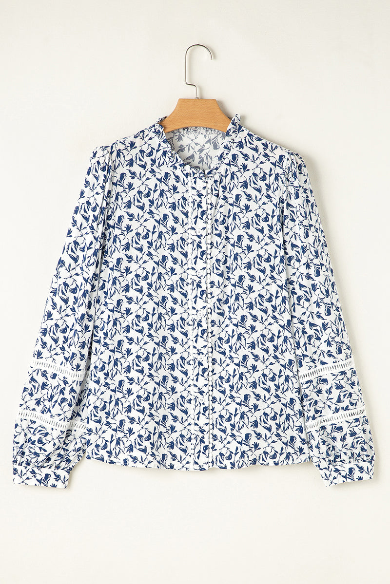 Khaki Printed Floral Print Lace Detail Puff Sleeve Fall Shirt
