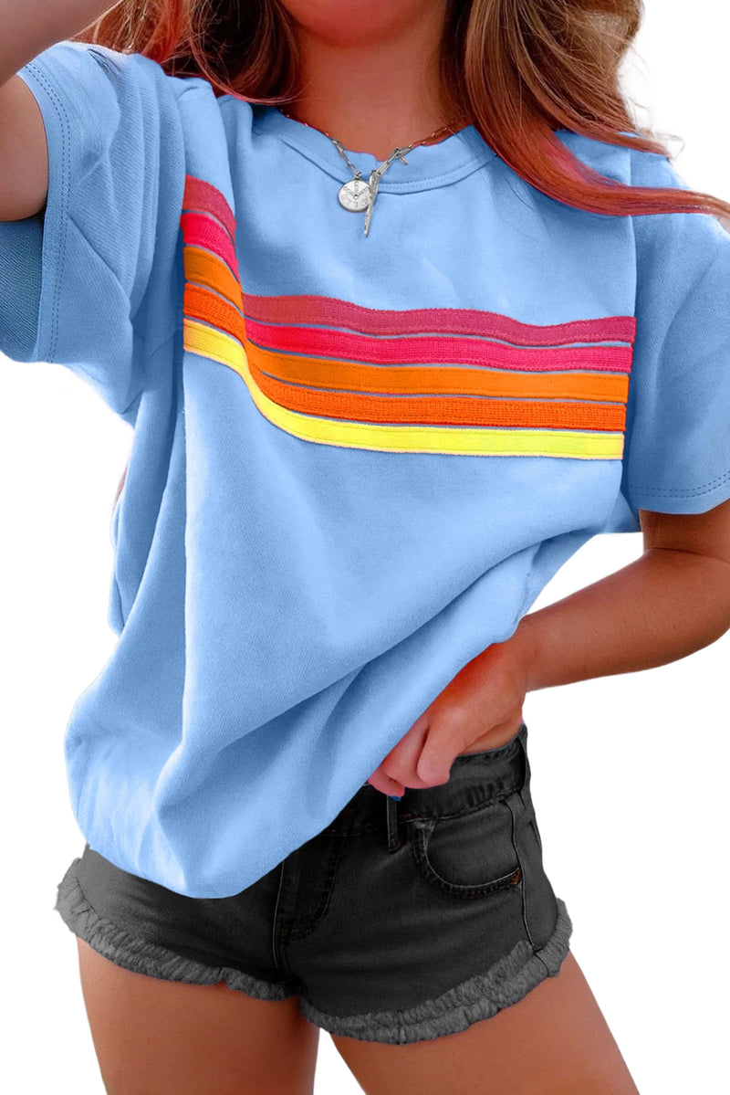 Beau Blue Colorful Striped Casual Tee
