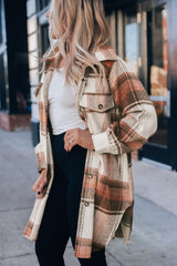 Brown Plaid Casual Button Up Long Shacket with Flap Pockets