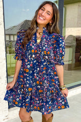 Blue Wild Daisy Floral Split Neck Short Puff Sleeve Mini Dress