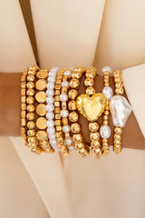 Gold Boho Style Heart & Pearl Beaded Bracelet Set