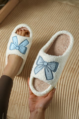 Light Blue Embroidered Bow Open Toe Fuzzy Slippers