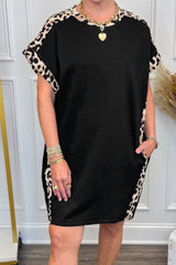 Black Plus Size Leopard Print Patchwork Shift T Shirt Dress with Pockets