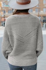 Light French Beige Striped Print Ribbed Knit Raglan Sleeve Baggy Sweater