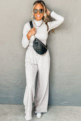 Light Grey Long Sleeve High Neck Slim Top Smocked Waist Central Seam Pants Set