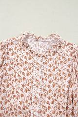 Khaki Printed Floral Print Lace Detail Puff Sleeve Fall Shirt