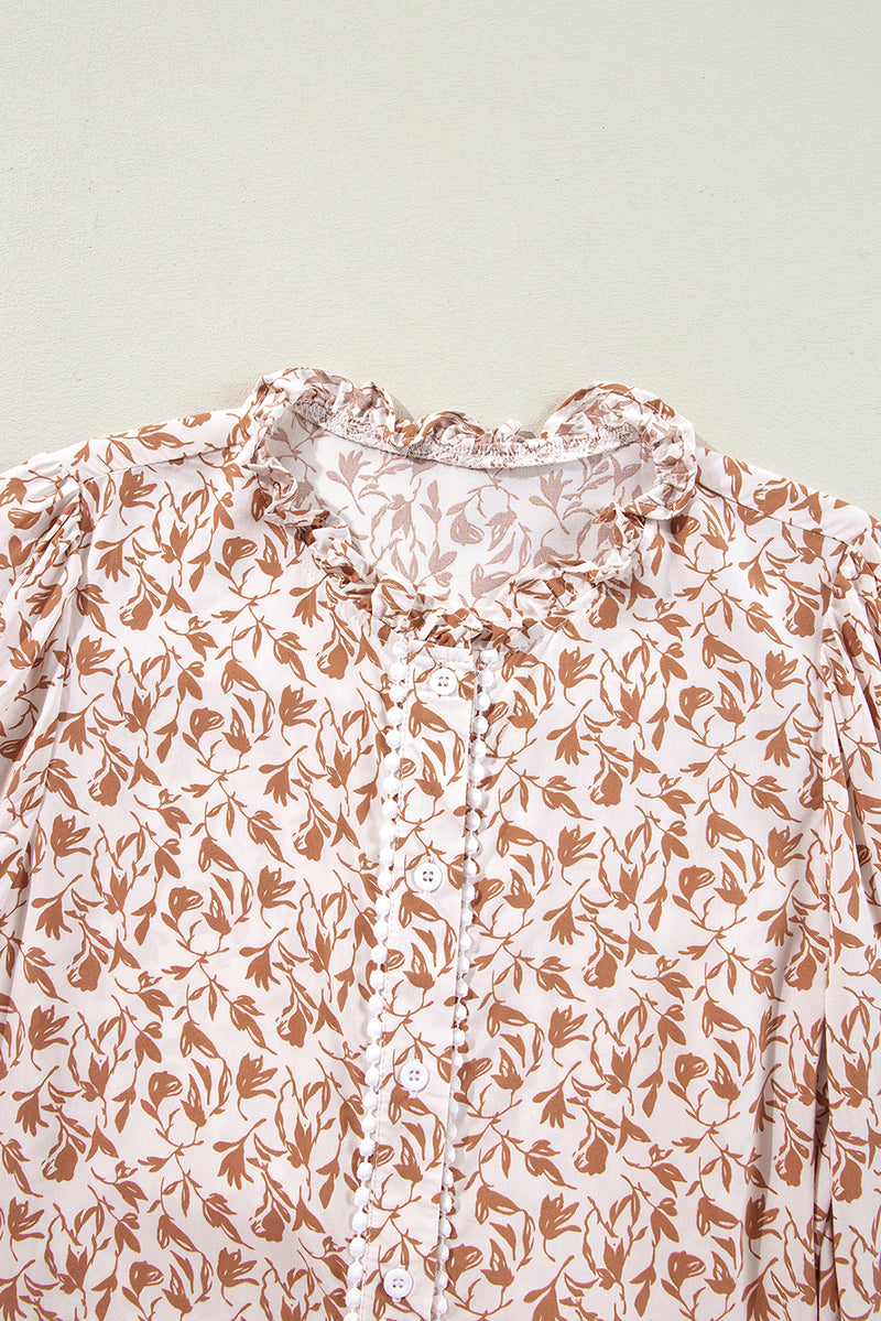 Khaki Printed Floral Print Lace Detail Puff Sleeve Fall Shirt