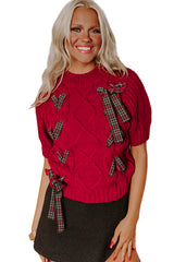 Fiery Red Plaid Lace-up Detail Christmas Holiday Puff Short Sleeve Sweater