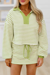 Pink Stripe Collared V Neck Drop Shoulder Pullover and Skirt Set