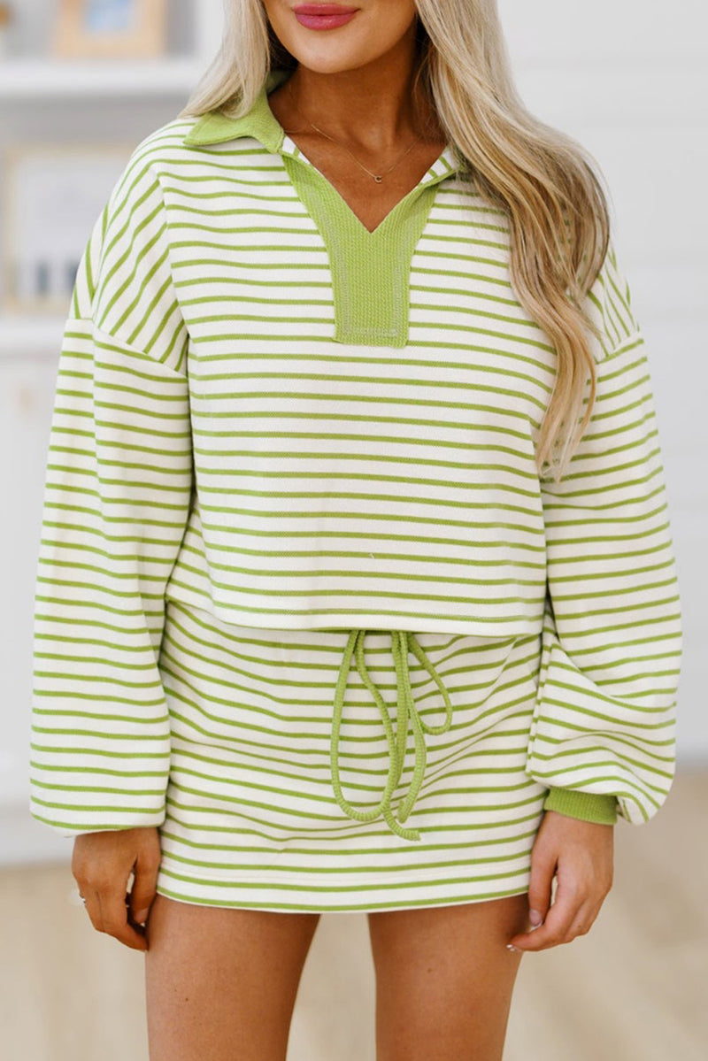Pink Stripe Collared V Neck Drop Shoulder Pullover and Skirt Set