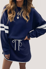 Sky Blue Varsity Stripe Detail Drop Shoulder Pullover Mini Skort Set