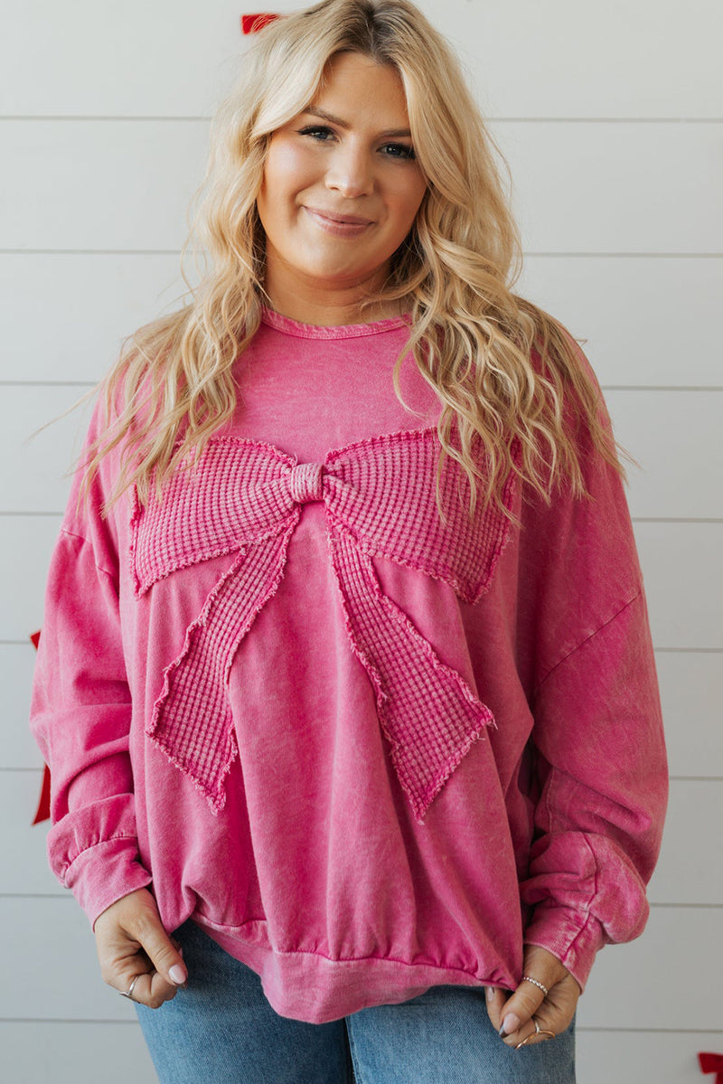 Bonbon Waffle Bowknot Patchwork Mineral Wash Plus Size Top