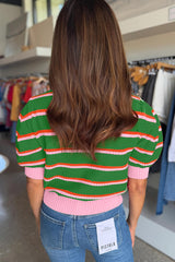 Red Stripe Colorblock Trim Half Sleeve Sweater Top