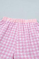 Sky Blue Gingham Print Ruffle Striped Detail Lace Tie Shorts