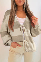 Khaki Striped Colorblock Bow Tie Front Knit Cardigan
