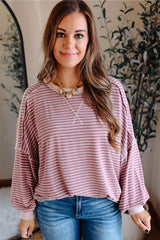 Pink Stripe Exposed Stitching Patchwork Casual Long Sleeve Top