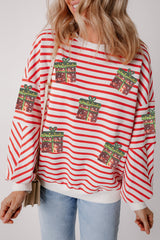 Orange Stripe Sequin Christmas Gift Patched Drop Shoulder Sweatshirt