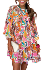 Pink Palm Paradise Floral Bell Sleeve Loose Mini Dress