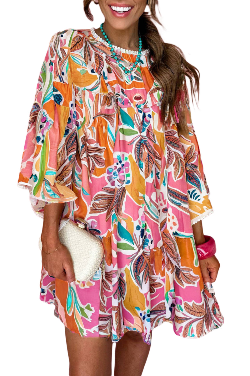 Pink Palm Paradise Floral Bell Sleeve Loose Mini Dress