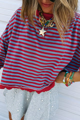 Green Stripe Exposed Seam Contrast Ribbed Trim Oversize Sweatshirt