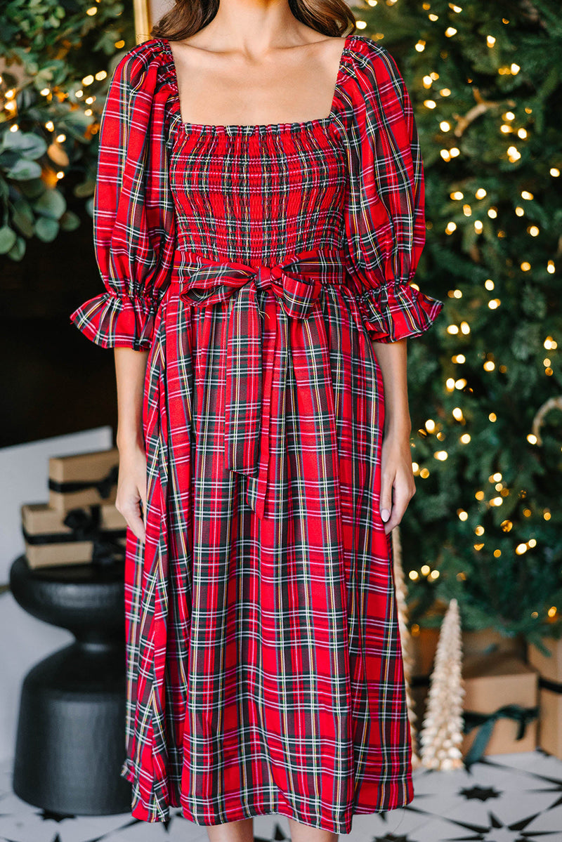 Green Plaid Square Neck Puff Sleeve Bowknot Waist Flared Midi Dress