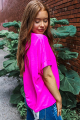 Bright Pink Plain V-Neck Dolman Sleeve Loose Top