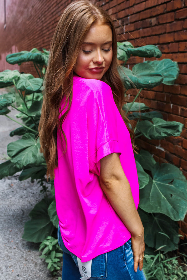 Bright Pink Plain V-Neck Dolman Sleeve Loose Top