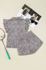 Brown Leopard Half Zipper Collared Ruffle Sleeve Top and Shorts Set