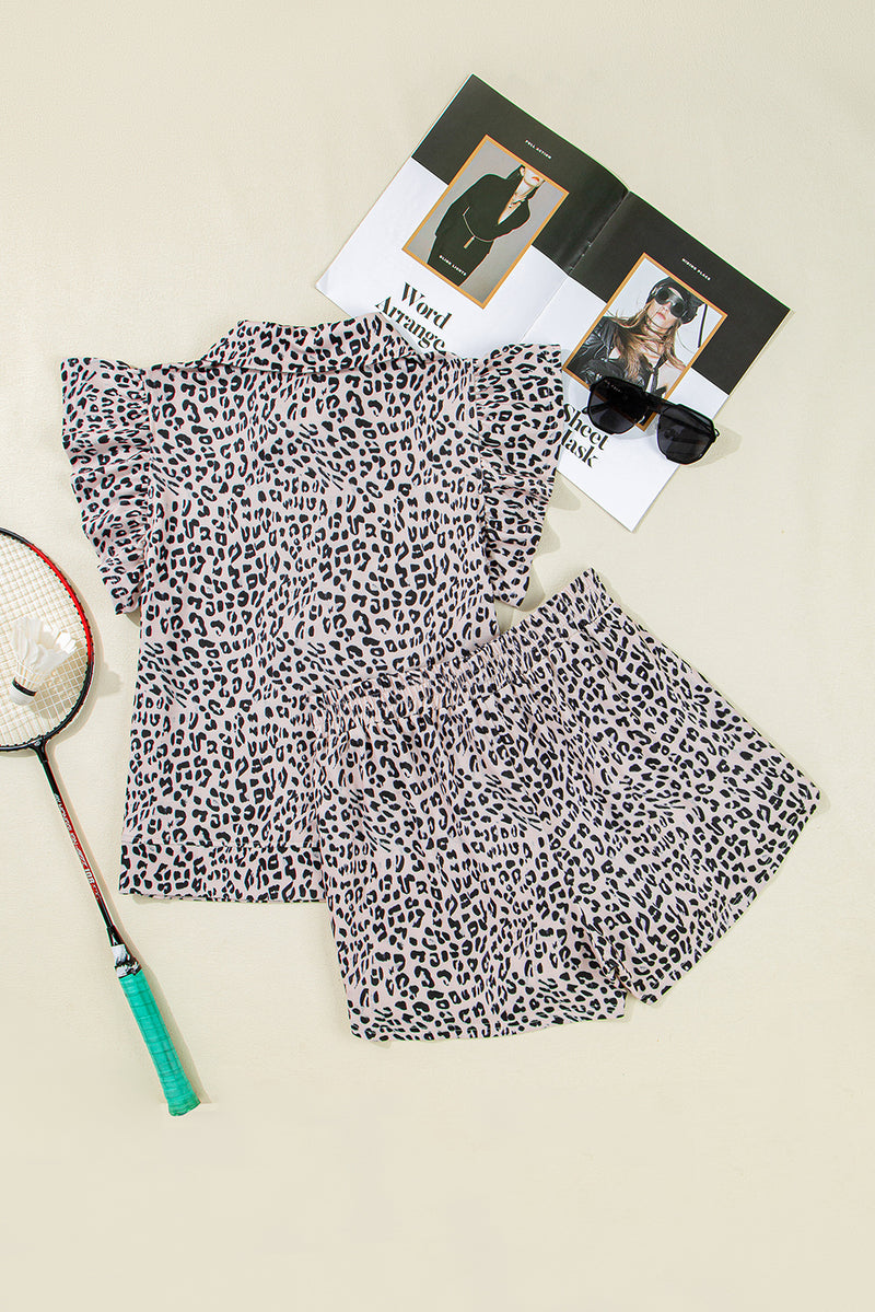 Brown Leopard Half Zipper Collared Ruffle Sleeve Top and Shorts Set