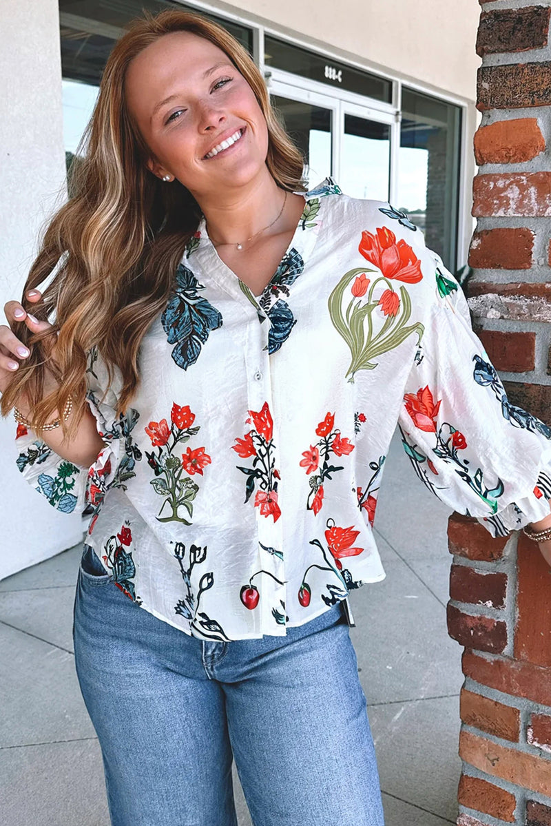 White Floral Print V Neck Loose Drop Sleeve Shirt