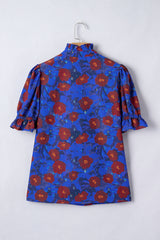 Blue Ruffled Short Balloon Sleeve Frilled V Neck Floral Blouse