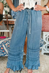 Dusk Blue Twisted Fate Flared Ruffle Hem Medium Wash Pant