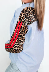 Sky Blue Stripe Contrasted Varsity Stripe Leopard Patchwork Button Down Shirt