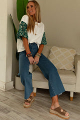 White Daisy Floral Patchwork Drop Sleeve Oversized Top
