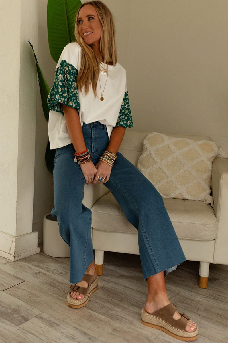 White Daisy Floral Patchwork Drop Sleeve Oversized Top
