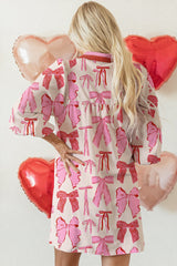 Pink Allover Bow Print Ricrac Long Sleeve Mini Dress