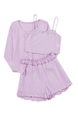 Orchid Petal Delicate Texture Cropped Cami Shorts and Cardigan 3pcs Lounge Set