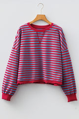 Green Stripe Exposed Seam Contrast Ribbed Trim Oversize Sweatshirt