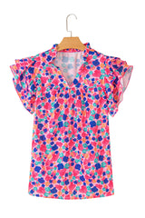 Rose Red Abstract Print Ruffle Sleeve V Neck Blouse