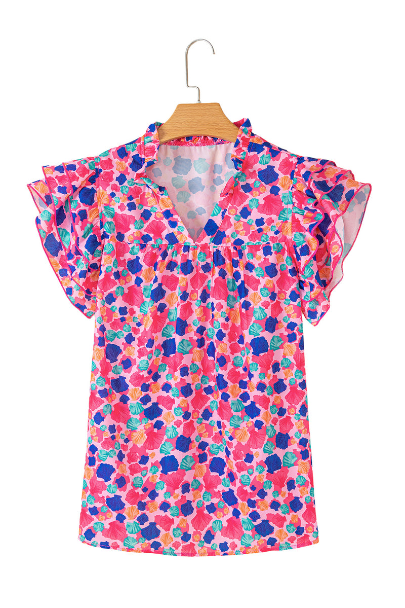 Rose Red Abstract Print Ruffle Sleeve V Neck Blouse