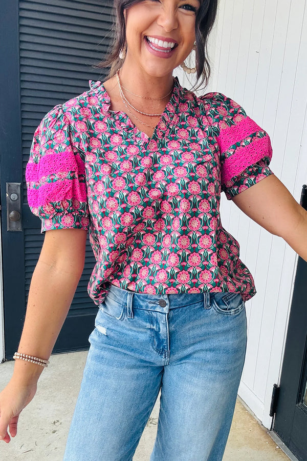 Sachet Pink Frill V-Neck Abstract Floral Print Puff Sleeve Top